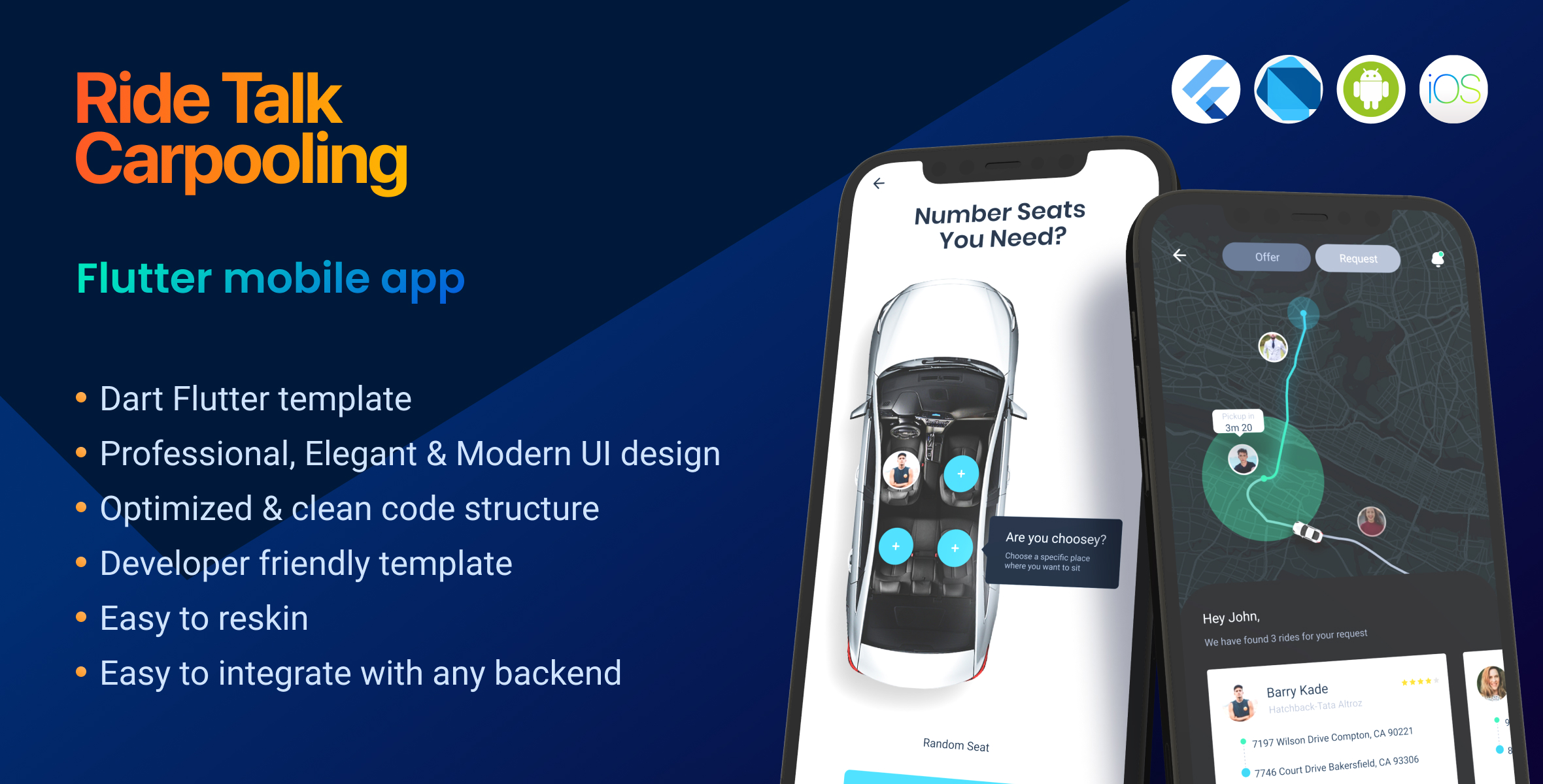 Carpooling Android + iOS crossplatform frontend App template Flutter